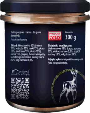 Tył słoika Trzypsy Superfood mokra karma dla psa 300g, z listą składników wieprzowych i grafiką jelenia.