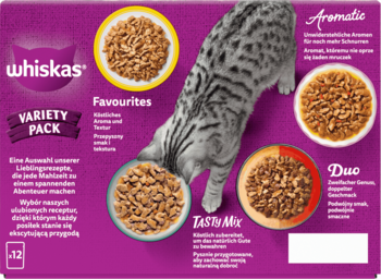 Whiskas karma dla kota Variety Pack, fioletowe opakowanie z kotem i trzema miseczkami różnych smaków karmy.