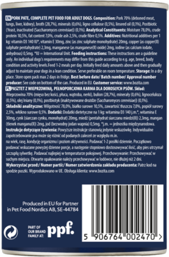 Ciemne opakowanie karmy Bozita PORK PETE dla dorosłych psów, widok tyłu ze składem i kodem kreskowym.
