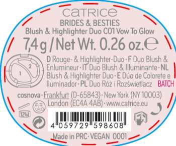 Biała, owalna etykieta Catrice BRIDES & BESTIES Blush & Highlighter Duo C01 Vow To Glow, różowy przerywany brzeg, kod.