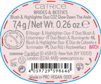 Owalna etykieta Catrice Brides & Besties Blush & Highlighter Duo C02 Glow Down The Aisle, 7.4g, z kodem kreskowym.