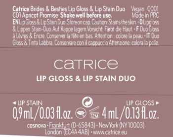 Tył opakowania Catrice Lip Gloss & Lip Stain Duo C01 Apricot Promise. Detale labelu, objętości 0.9/4ml.