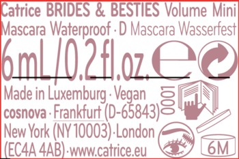 Tył mini maskary Catrice BRIDES & BESTIES Volume Waterproof, różowy tekst 6ml, Made in Luxemburg, widoczne ikony.