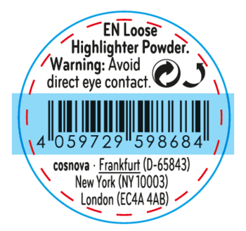 Okrągła etykieta: EN Loose Highlighter Powder, kod kreskowy, ostrzeżenie przed kontaktem z oczami, dane producenta.