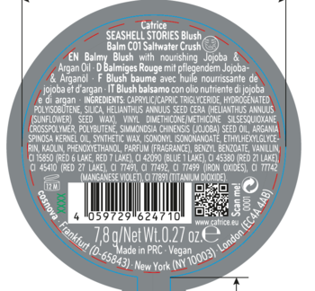 Catrice SEASHELL STORIES Blush Balm C01 Saltwater Crush, tył z listą składników, kodem kreskowym i QR.