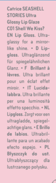 Tekst: błyszczyk Catrice SEASHELL STORIES C01 Shell We Kiss?, ultra-szklisty, lustrzany blask, wiele języków.