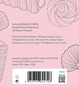 Tył różowego opakowania pędzla Catrice Seashell Face & Body Brush, z ilustracją muszli, kod kreskowy, vegan.