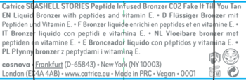 Częściowa etykieta Catrice SEASHELL STORIES bronzer z peptydami i witaminą E, widoczne opisy w językach EN, D, IT, NL, E, PL.