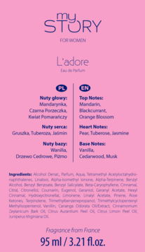 Różowe opakowanie perfum My Story L'adore, widok z tyłu z listą nut zapachowych i objętością 95 ml.
