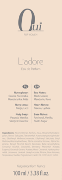 L'adore Oui Eau de Parfum 100ml, beżowe pudełko z nutami zapachowymi (czarna porzeczka) i składem, tył opakowania.