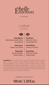 Jasnoróżowy tył opakowania perfum Ébelle Emotion L'adore 100 ml, widoczne nuty zapachowe i skład.
