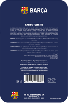 Tył ciemnoniebieskiego opakowania FC Barcelona Eau de Toilette z listą składników, kodem kreskowym i logo klubu.