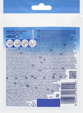 Tył biało-niebieskiego opakowania Oral-B iO. Widoczne diagramy użycia, wielojęzyczny opis i kod kreskowy.