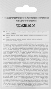 Tył opakowania transparentnych skarpetek Rossmann z komfortowym ściągaczem i beżowym wykończeniem, z listą składników.