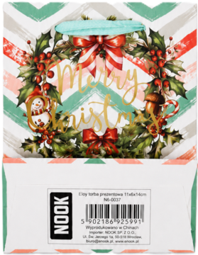 Świąteczna torba prezentowa NOOK, złoty Merry Christmas, wieniec, bałwanek i paski na froncie.