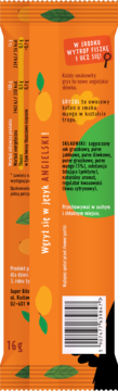 Tył pomarańczowego opakowania batona Gryzol Mango. Widoczne informacje o nauce angielskiego, fiszkach, składnikach i kodzie kreskowym.