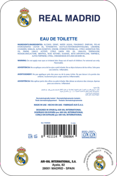 Tył opakowania Real Madrid Eau de Toilette. Biała etykieta z listą składników, ostrzeżeniami i danymi producenta.