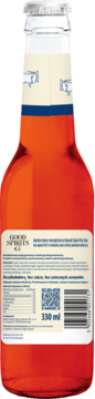 Tył butelki Good Spirits 330 ml z bezalkoholowym pomarańczowym napojem, biała etykieta ze składem.