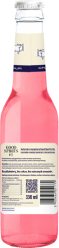 Tył różowej butelki napoju Good Spirits K-2, z widoczną kremową etykietą, kodem kreskowym i napisem 330 ml.