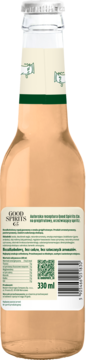 Tył butelki napoju Good Spirits 330 ml, przezroczyste szkło, jasnopomarańczowy płyn, beżowa etykieta z zielonym tekstem i kodem QR.