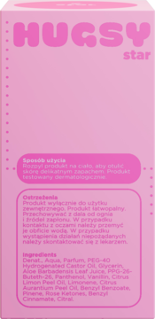 Tył różowego opakowania mgiełki do ciała Hugsy Star dla dzieci, z listą składników i instrukcjami po polsku.