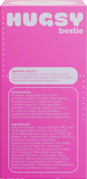 Hugsy Bestie: Tył różowego opakowania body sprayu z instrukcją, ostrzeżeniami i pełną listą składników.