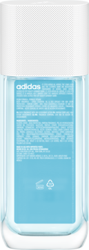 Tył dezodorantu Adidas Moves w przezroczystej butelce z jasnoniebieskim płynem, biała nakrętka, widoczne składniki.