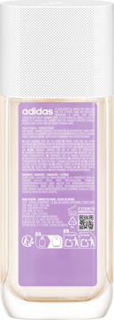 Tył dezodorantu adidas Pure Body Fragrance, fioletowa etykieta z tekstem i symbolami, 48h ochrona ambrowo-kwiatowa.