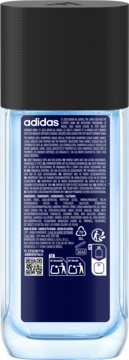 Tył dezodorantu Adidas UEFA CL w niebieskiej butelce z czarną nakrętką. Widoczne etykiety ze składnikami i symbolami.