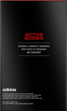 Tył czarnego opakowania wody perfumowanej Adidas Active Bodies, z opisem zapachu: fougère, rozmaryn, bergamotka.