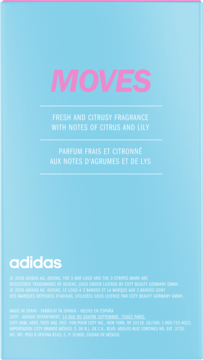 Tył opakowania wody toaletowej Adidas Moves, niebieskie pudełko z różowym napisem MOVES i nutami cytrusów i lilii.
