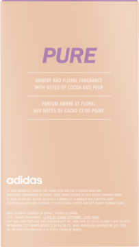 Tył pudełka Adidas Pure Eau de Toilette. Jasnopomarańczowe opakowanie z fioletowym napisem PURE, opisem zapachu kakao i gruszki.