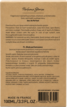 Tył brązowego opakowania perfum Style Paris Perfume Stories 100ml z polskim i angielskim opisem oraz składem.