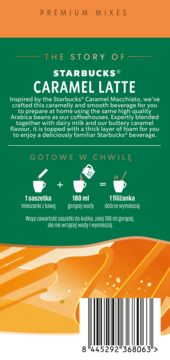 Tył opakowania Starbucks Caramel Latte, rozpuszczalny napój kawowy karmelowy. Zielone tło z opisem, instrukcjami i kodem kreskowym.