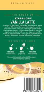 Tył opakowania Starbucks Vanilla Latte, instant mix kawowy. Zielone tło, angielski opis i instrukcje przygotowania.