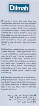 Tylna strona niebieskiego opakowania herbaty Dilmah Earl Grey Cynamon, 20 torebek, z tekstami obcojęzycznymi.
