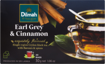 Ciemne pudełko herbaty Dilmah Earl Grey & Cinnamon, 20 torebek. Grafika: laski cynamonu, filiżanka, liście. Cejlońska czarna herbata.