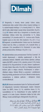 Tylna etykieta herbaty Dilmah Earl Grey & Lavender, jasnoniebieskie tło, białe napisy składników w wielu językach.