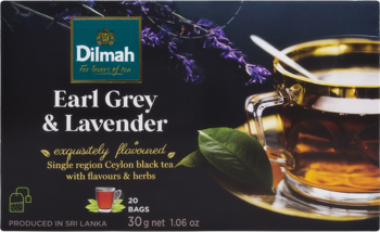 Czarne pudełko herbaty Dilmah Earl Grey & Lavender, 20 torebek, widok z przodu, z lawendą i filiżanką.