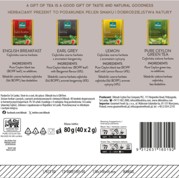 Tył pudełka prezentowego herbat Dilmah Moments in Bloom, 80g (40x2g). Widoczne 4 smaki i barcode.