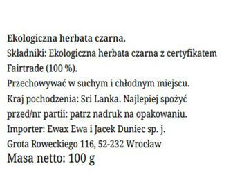 Tył opakowania ekologicznej herbaty czarnej Fairtrade 100g, Sri Lanka, info o składzie i importerze.