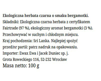 Tylna biała etykieta organicznej herbaty czarnej z bergamotką, 100g. Widoczne składniki i pochodzenie Sri Lanka.