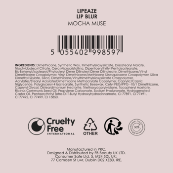 Tył jasnoróżowego opakowania LipEAZE Lip Blur Mocha Muse: lista składników, kod kreskowy, logo Cruelty Free.