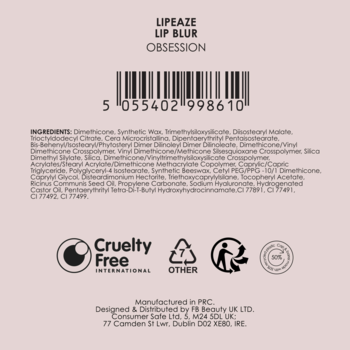 Tył opakowania LipEAZE Lip Blur Obsession. Jasnoróżowy, z listą składników, kodem kreskowym i logo Cruelty Free.