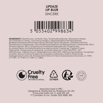 LipEAZE Lip Blur SINCERE, tył opakowania z kodem kreskowym, listą składników i logo Cruelty Free International.