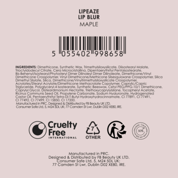Tył opakowania LipEAZE Lip Blur Maple z kodem kreskowym, listą składników i certyfikatem Cruelty Free.