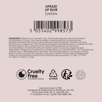 Tył opakowania LipEAZE Lip Blur Suntan. Widoczna lista składników, kod kreskowy i certyfikat Cruelty Free.