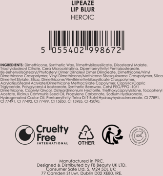 Tył opakowania LIPEAZE LIP BLUR HEROIC w kolorze pudrowego różu z listą składników i kodem kreskowym.