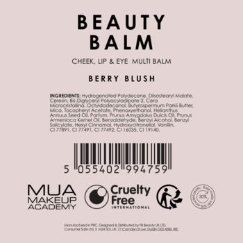 Tył opakowania MUA Beauty Balm Berry Blush z listą składników, kodem kreskowym i logo Cruelty Free.