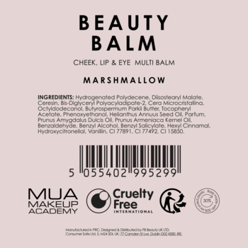 Tył opakowania MUA Beauty Balm Marshmallow. Widoczne składniki, kod kreskowy i certyfikat Cruelty Free.